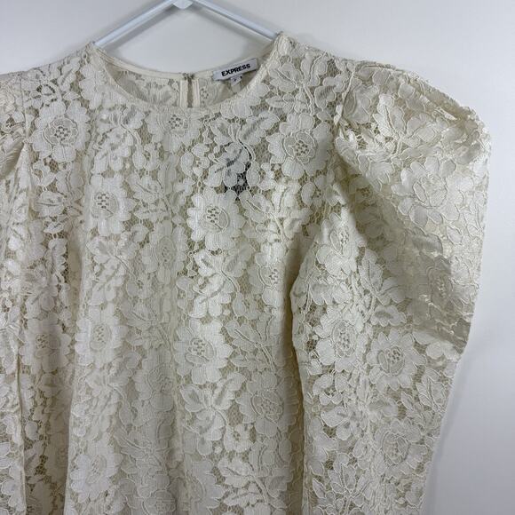 Express New Cream Floral Lace Long Puff Sleeve Top Large Castlecore Renaissance - Picture 4 of 16